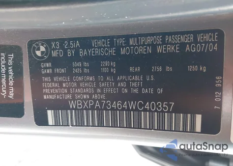 2004 BMW X3 2.5I из США, поврежденный, VIN WBXPA73464WC40357